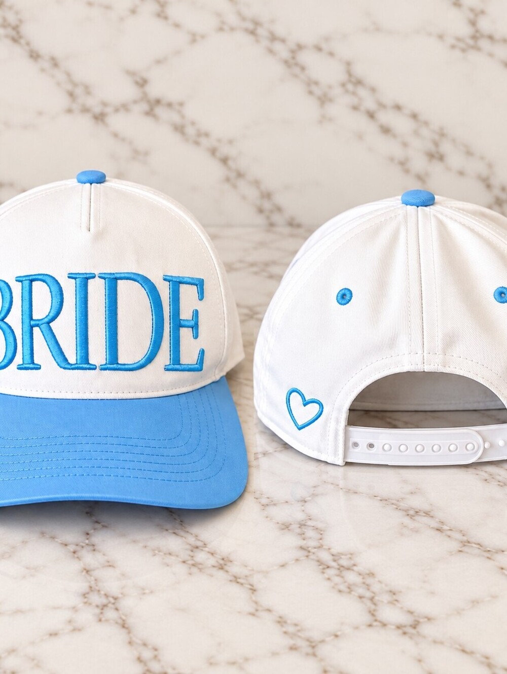Bride White & Blue Embroidered Snapback Hat Bridal Wedding Bachelorette Cap